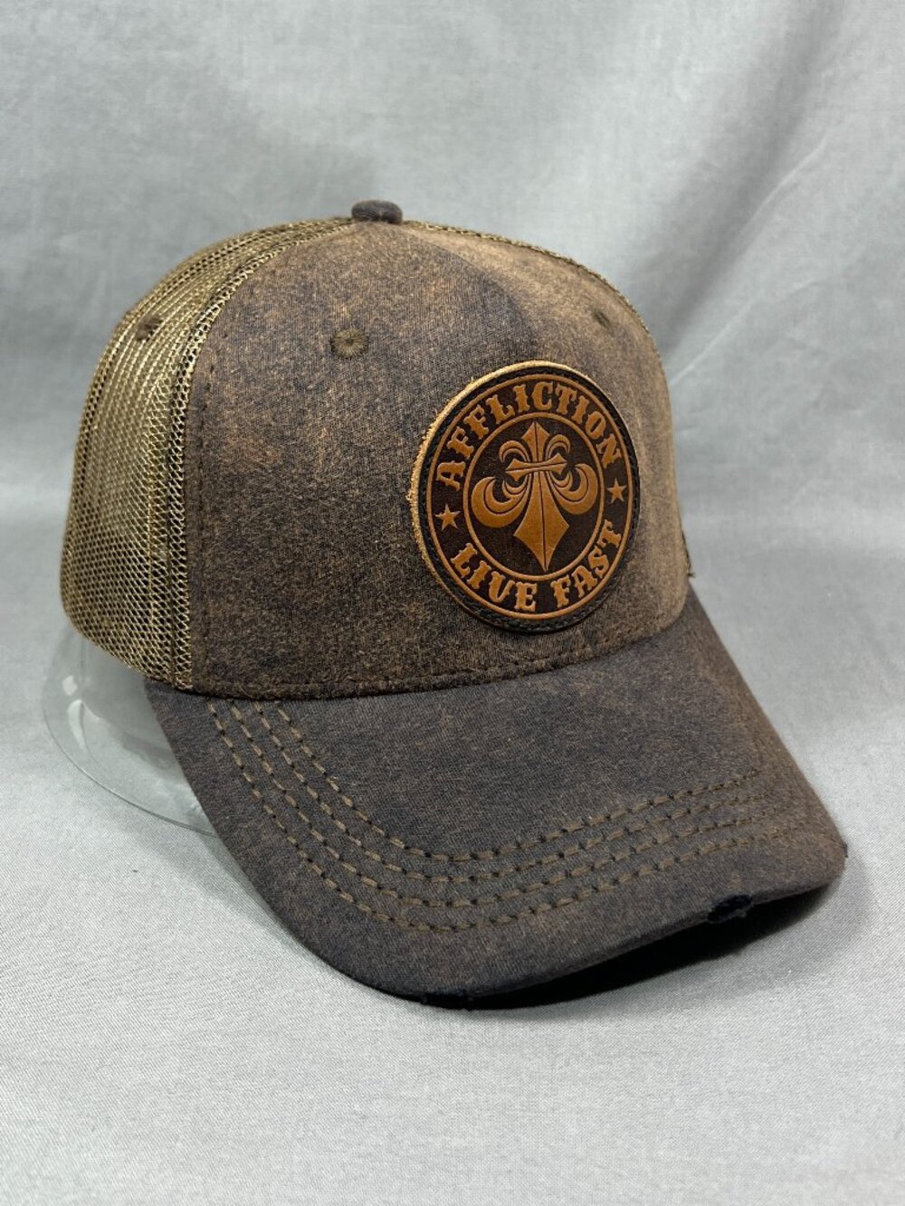 Affliction Live Fast Trucker Hat Snapback Brown Leather Patch Distressed Cap